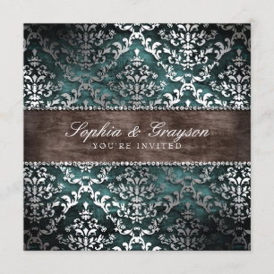 Dark Chocolate Teal Glimmer Damask Wedding Invite