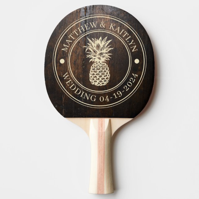 Dark Chopping Block Pineapple Wedding Crest & Name Ping Pong Paddle (Front)