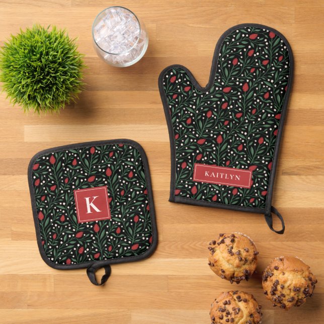 Dark Christmas Floral Monogram Name Oven Mitt & Pot Holder Set (Top Down)