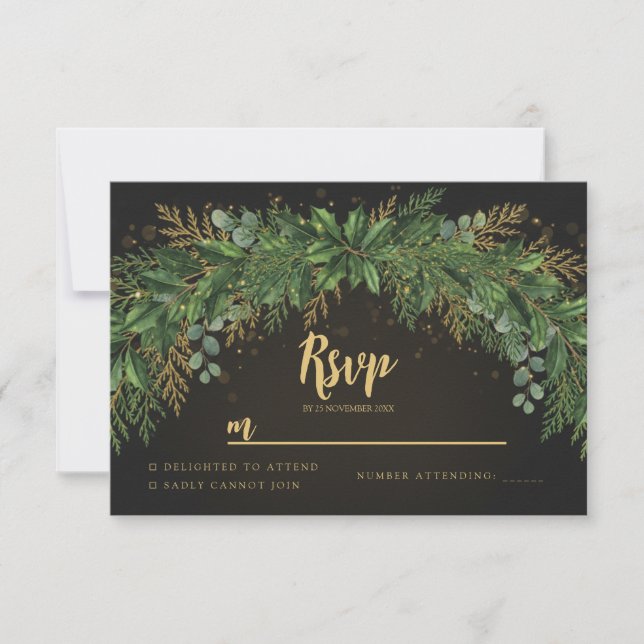 Dark Christmas Greenery Arch Wedding RSVP Card (Front)