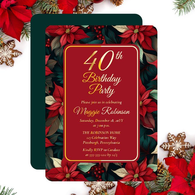 Dark Christmas Holiday Floral 40th Birthday Party (Elegant Dark and Moody Poinsettias Christmas and Holiday 40th Birthday Party Gold Foil Invitation)