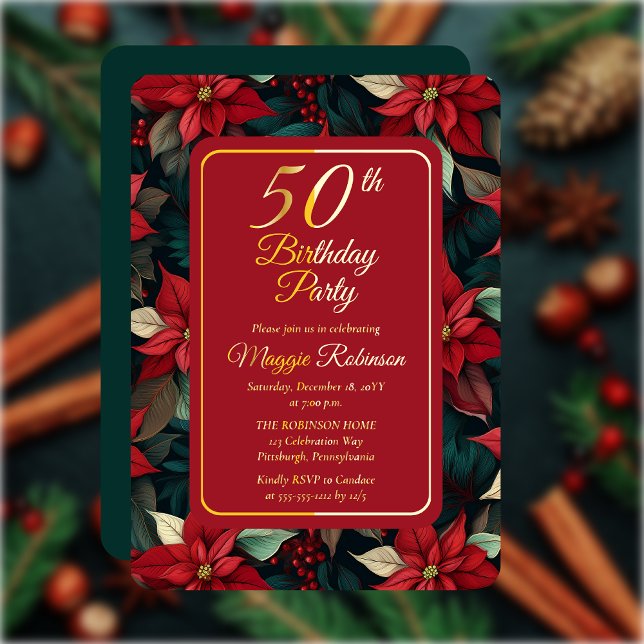 Dark Christmas Holiday Floral 50th Birthday Party (Elegant Dark and Moody Poinsettias Christmas and Holiday 50th Birthday Party Gold Foil Invitation)