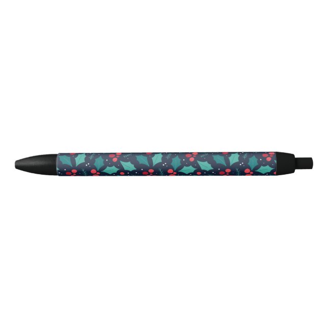 Dark Christmas Mistletoe and Leaf Pattern Black Ink Pen (Front)