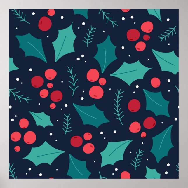 Dark Christmas Mistletoe and Leaf Pattern Poster (Front)