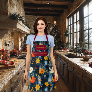 Dark Christmas with Festive Birds and Flowers Apron