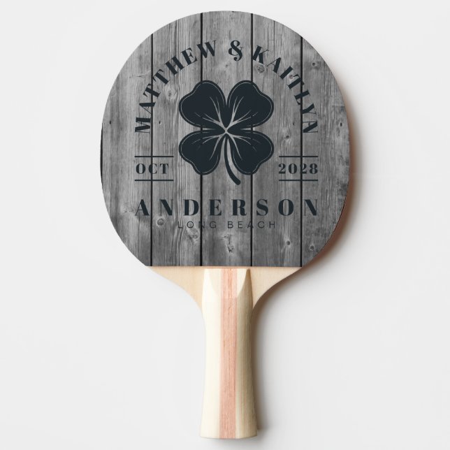 Dark Clean Gray Wood Irish Clover Wedding Crest Ping Pong Paddle (Front)
