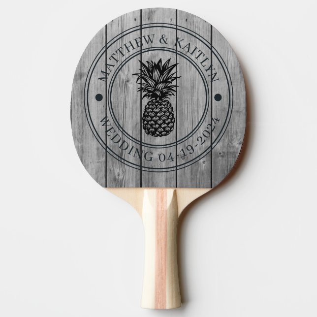 Dark Clean Gray Wood Pineapple Wedding Crest &Name Ping Pong Paddle (Back)
