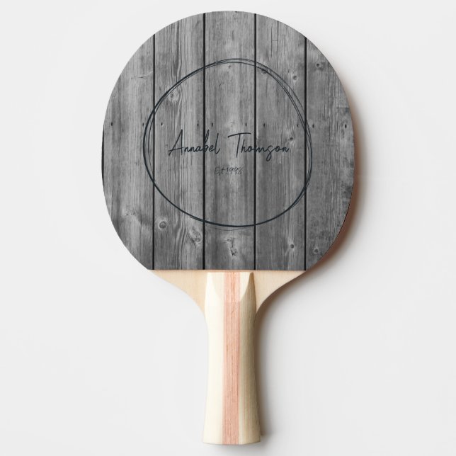 Dark Clean Grey Wood Name in Drawn Circle  Ping Pong Paddle (Front)