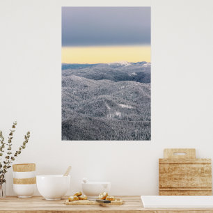 Dark clouds sunny sky and snowy winter forest poster