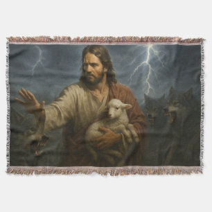Dark colored Christ and the Lamb artwork Throw Blanket