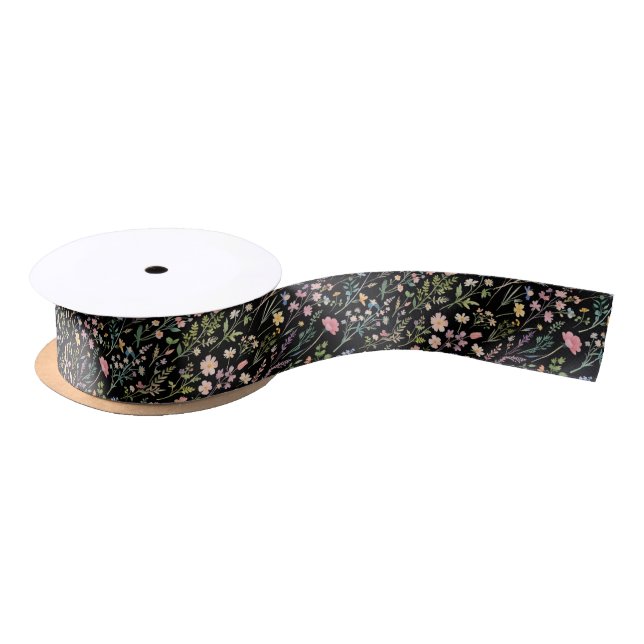 Dark Colorful Wildflower Flower Pattern Black Satin Ribbon (Spool)