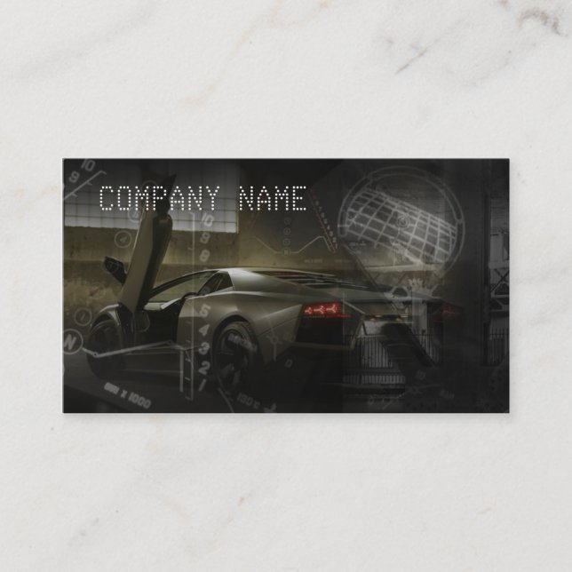 Dark Coloured Business Card Containing Sports Car (Front)
