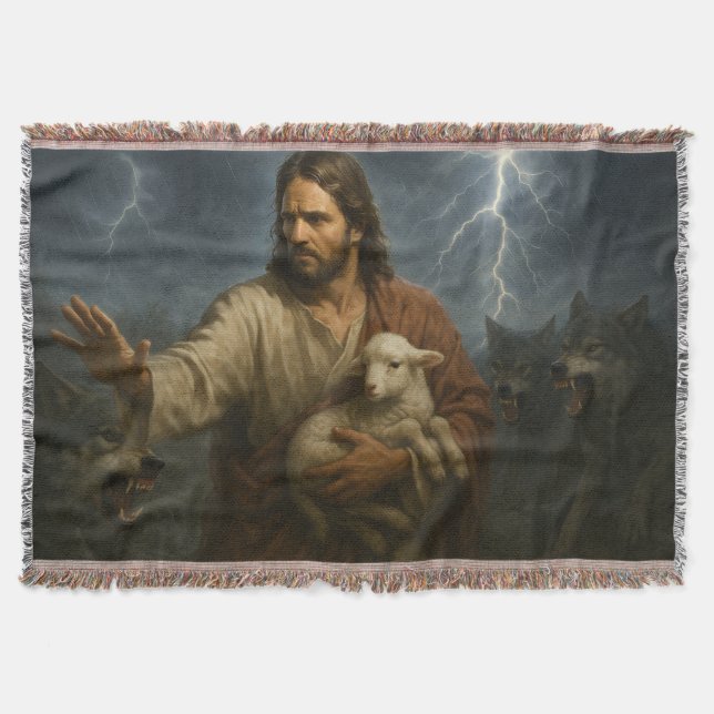 Dark coloured Christ and the Lamb artwork Throw Blanket (Front)
