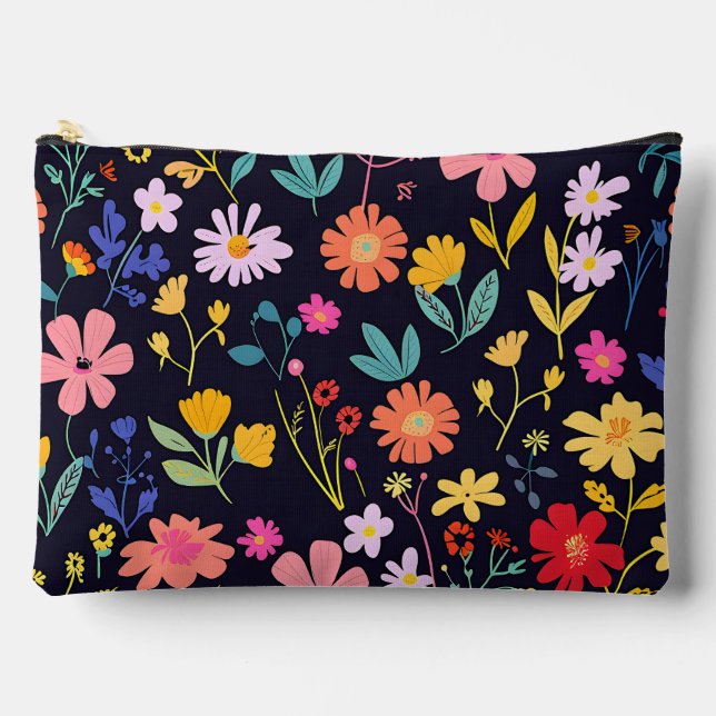 Dark Colourful Ditsy Floral Bohemian Pattern Accessory Pouch (Front)
