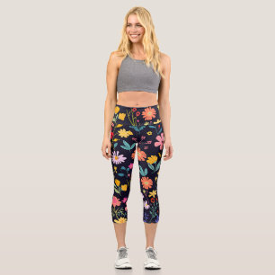 Dark Colourful Ditsy Floral Bohemian Pattern Capri Leggings