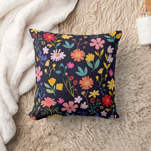 Dark Colourful Ditsy Floral Bohemian Pattern Cushion (Blanket)