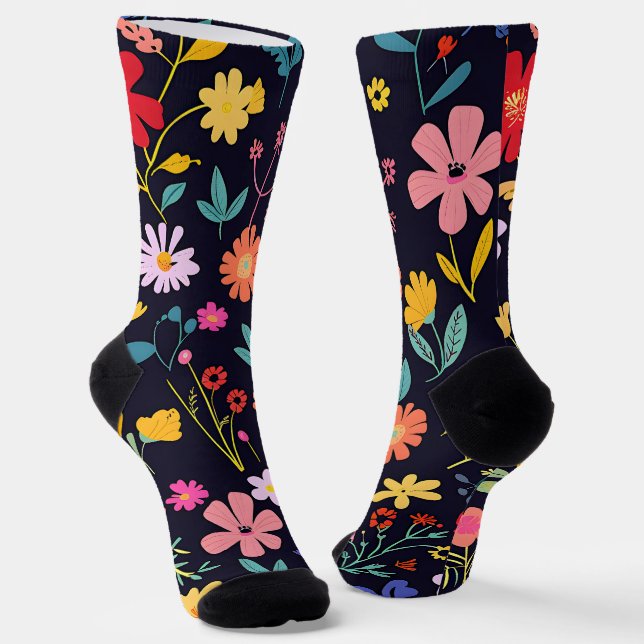 Dark Colourful Ditsy Floral Bohemian Pattern Socks (Angled)
