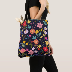 Dark Colourful Ditsy Floral Bohemian Pattern Tote Bag