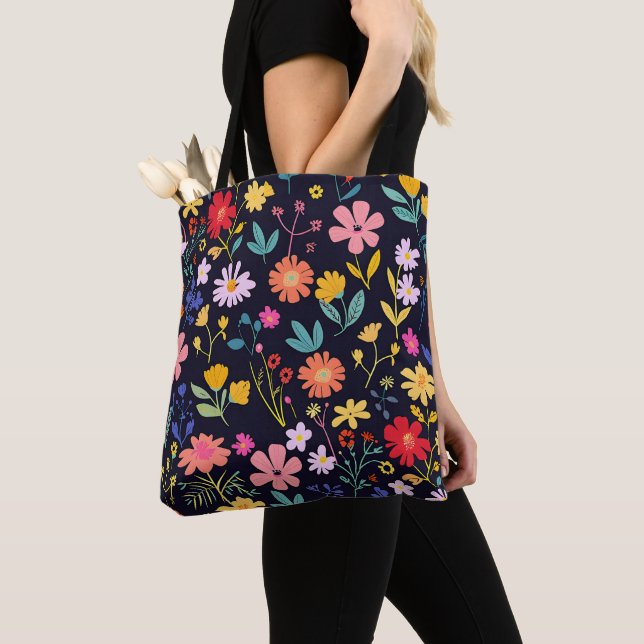 Dark Colourful Ditsy Floral Bohemian Pattern Tote Bag (Close Up)