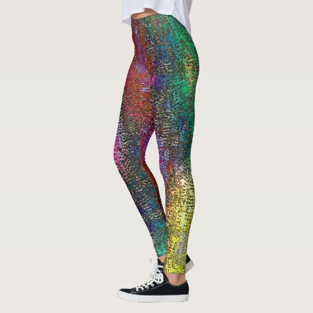 Dark colourful grainy texture in scraped ink paint leggings (Left)