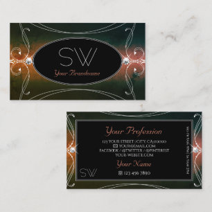 Dark Colourful Ornate Sparkling Diamonds Monogram Business Card