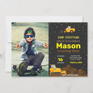 Dark Construction Truck Birthday Party Invite