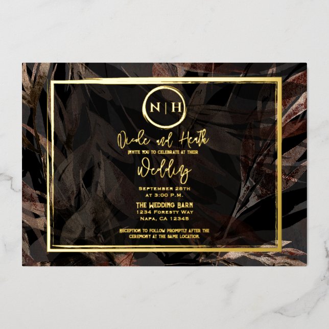 Dark Copper Brown Bronze Botanical Wedding Gold (Front)