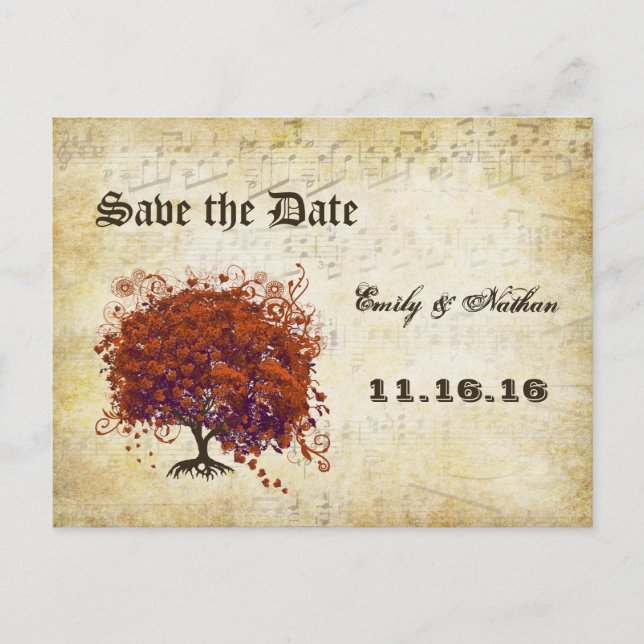 Dark Coral Heart Leaf Tree Save the Date Announcement Postcard (Front)