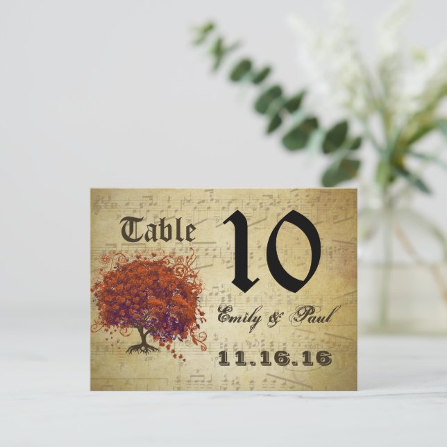 Dark Coral Heart Leaf Tree Table Number Card (Standing Front)