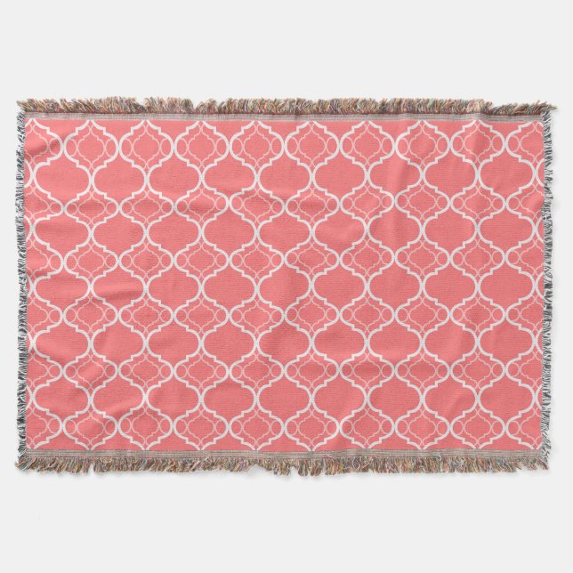 Dark Coral Pink Quatrefoil Geometric Pattern Throw Blanket (Front)