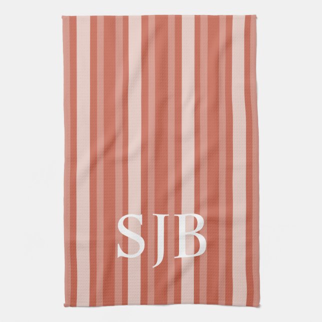 Dark Coral Victorian Stripe with Monogram Tea Towel (Vertical)