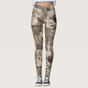 Dark Cottage Floral Patchwork -Burgundy & Charcoal Leggings