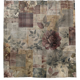 Dark Cottage Floral Patchwork -Burgundy & Charcoal Shower Curtain