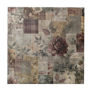 Dark Cottage Floral Patchwork -Burgundy & Charcoal Tile