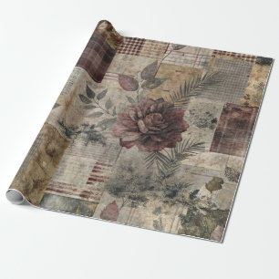 Dark Cottage Floral Patchwork -Burgundy & Charcoal Wrapping Paper
