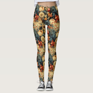 Dark Cottagecore Autumn Pumpkin Floral Leggings
