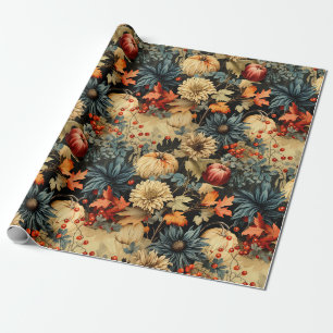 Dark Cottagecore Autumn Pumpkin Floral Wrapping Paper