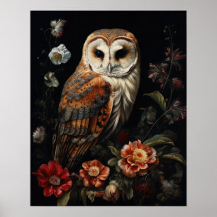 Dark Cottagecore Owl And Flowers Art Print Poster