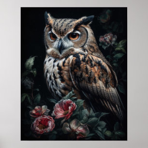 Dark Cottagecore Owl And Flowers Art Print Poster