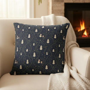Dark Cottagecore Snowman Midnight Blue Christmas Cushion