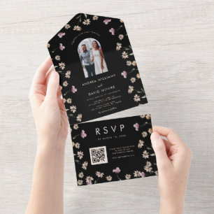 Dark Cream Wildflowers Arch photo QR Code Wedding All In One Invitation