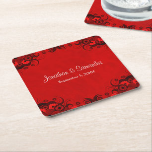 Dark Crimson Red Floral Goth Square Paper Coasters