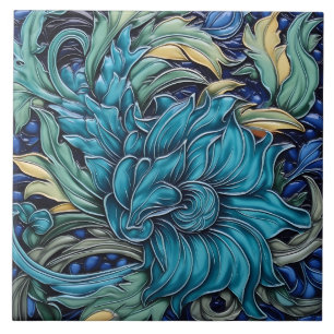 Dark Cyan and Green Art Nouveau Floral Motif Tile