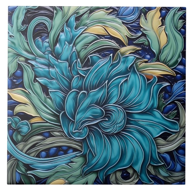 Dark Cyan and Green Art Nouveau Floral Motif Tile (Front)