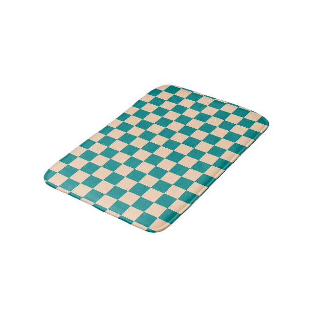 Dark Cyan and Soft Peach Chequerboard Bath Mat (Angled)