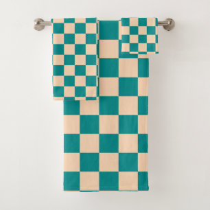 Dark Cyan and Soft Peach Chequerboard Bath Towel Set