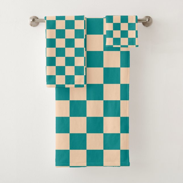 Dark Cyan and Soft Peach Chequerboard Bath Towel Set (Insitu)