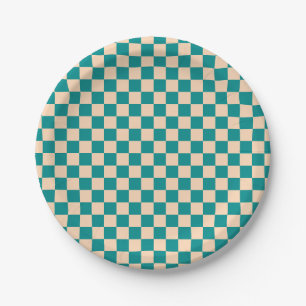 Dark Cyan and Soft Peach Chequerboard Paper Plate