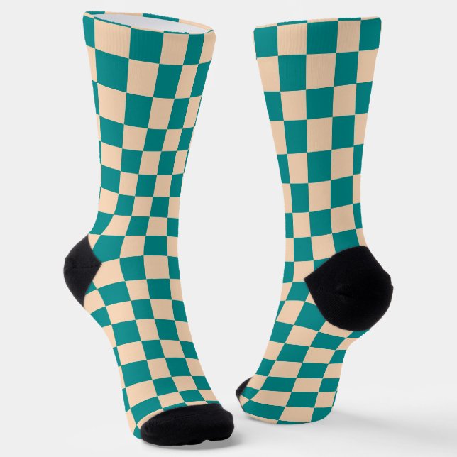 Dark Cyan and Soft Peach Chequerboard Socks (Angled)