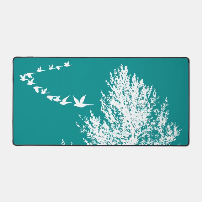 Dark Cyan Bucolic Silhouette Birds Fly Tree Desk Mat (Front)